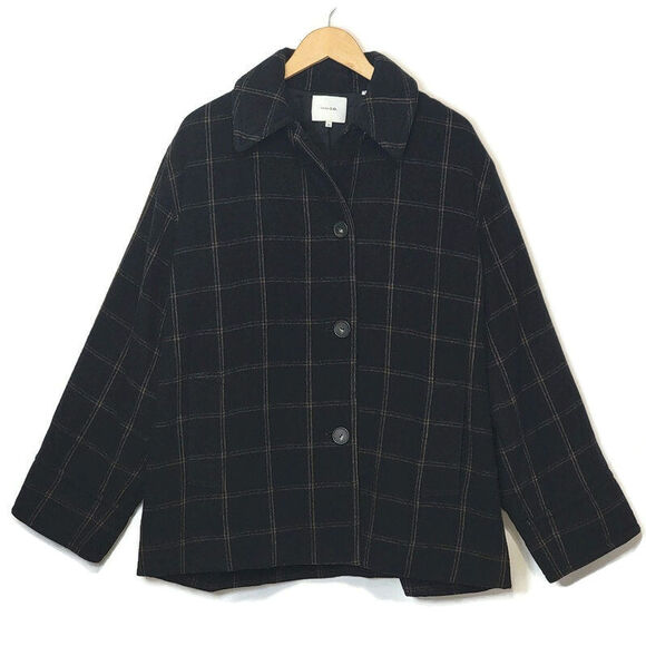 Vince Wool Cashmere Plaid Padded Shirt Jacket Shacket Black Tan Button Down XL - Picture 16 of 16